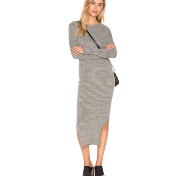 J.O.A  Grey Midi Bodycon Ribbed Dress with Slits - Picture 1 of 5